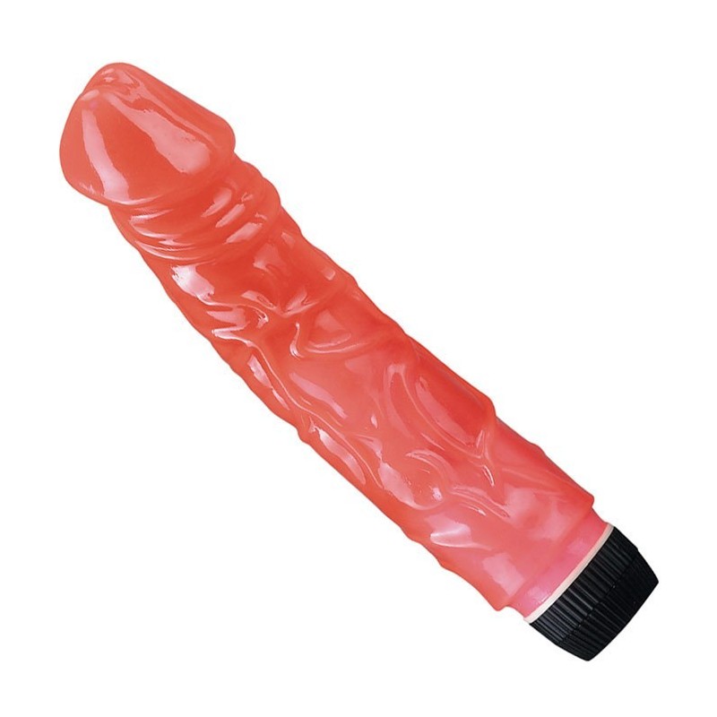 Jelly Vibrator Glitter Pink is made of silicone and has a vibration dial on the base with textured shaft