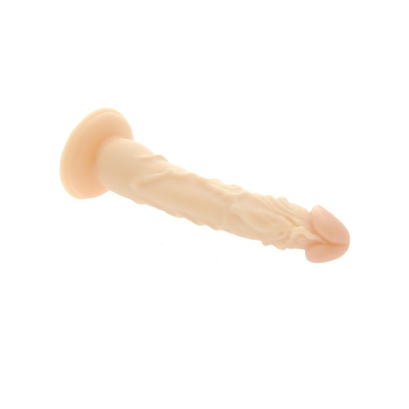 7 inch dildo laying on its side with a suction cup base and lots of veins along the shaft