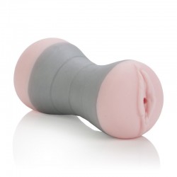 The Travel Gripper Pussy And Ass Masturbator has a pink anal and vaginal openings joined by a ribbed tunnel inside
