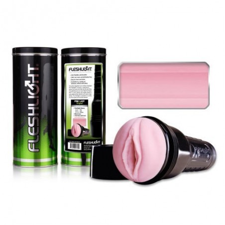 Fleshlight Pink Vagin Original a un boîtier noir en plastique avec une ouverture charnue et un tunnel