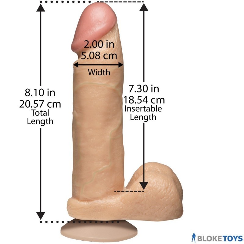 The realistic 8-inch dildo has a total length of 8.1 inches and a 2-inch width