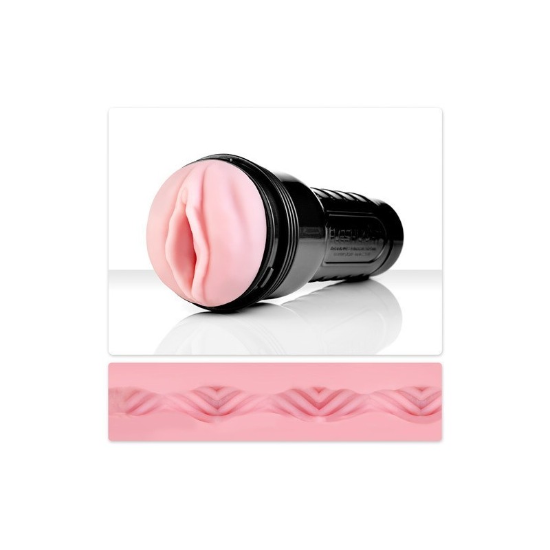 Fleshlight Pink Lady Vortex has a vagina orifice and a Vortex textured inner sleeve within a secure black plastic housing