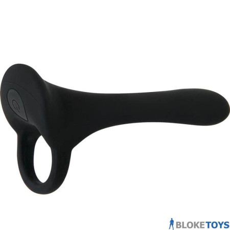 The USB Rechargeable Vibrating Cock Armor Cock Ring is black, sleek and hugs the erection