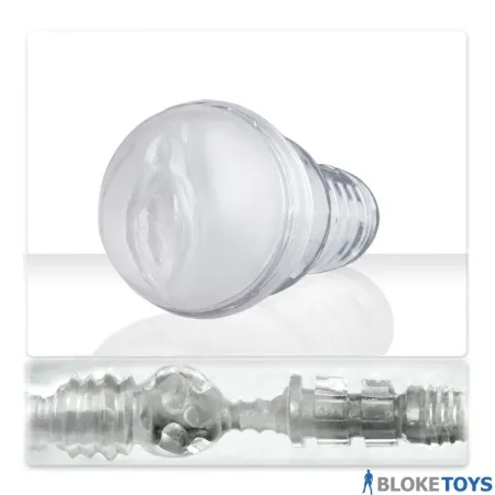 Fleshlight Ice Crystal Vagina has a fleshy opening leading to a clear tunnel inside a transparent plastic housing