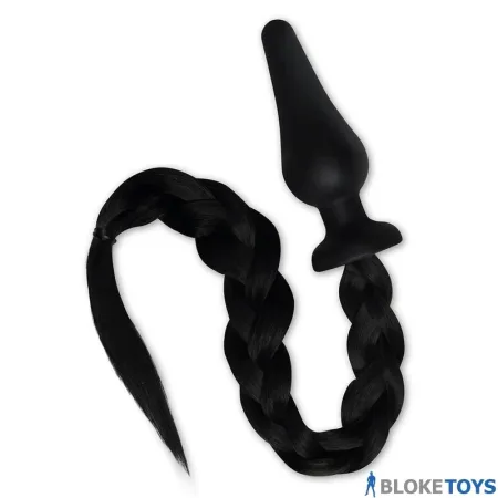 a 4 inch silicone plug with a braided black tail for Pony Play